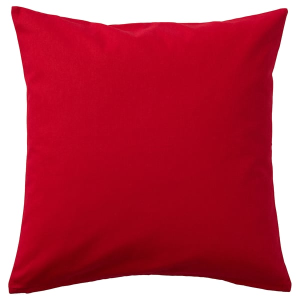 Solid red square cushion, soft cotton fabric, plain design.