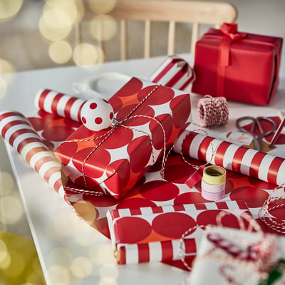 VINTERFINT Gift wrap, roll, double sided mixed patterns/red/white, 3x0.7 m/2.10 m²