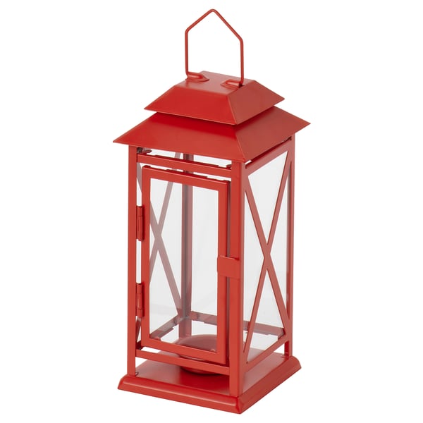 VINTERFINT Lantern f/tealight, indoor/outdoor, bright red, 22 cm