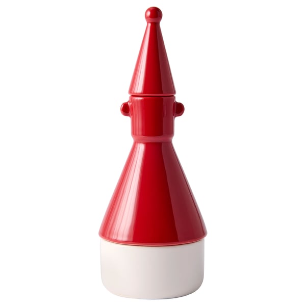 Red and white ceramic, cone-shaped decoration. Reminiscent of a gnome or holiday ornament.
