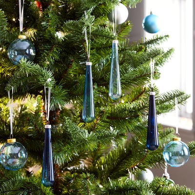 VINTERFINT Tree ornament, tear drop shape glass/blue, 14 cm