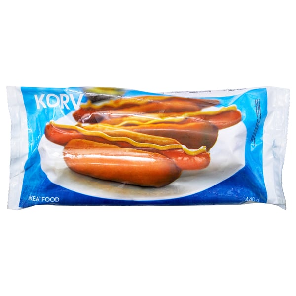 Image shows a packaged food item named KORV, featuring grilled sausages with mustard on a blue wrapper.