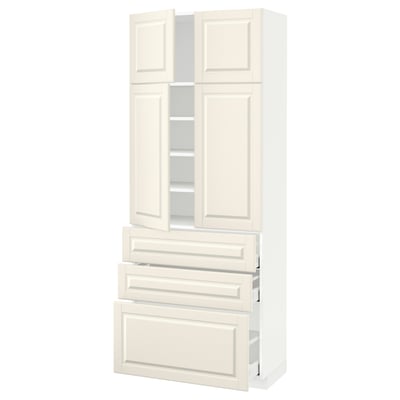 METOD メトード / MAXIMERA マキシメーラ ハイキャビネット 棚板/引き出し3個/扉4枚付き, ホワイト/ボードビーン オフホワイト, 80x41x200 cm