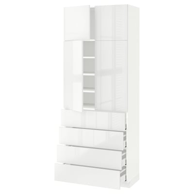 METOD メトード / MAXIMERA マキシメーラ ハイキャビネット 棚板/引き出し4個/扉4枚付き, ホワイト/リンガフルト ホワイト, 80x41x200 cm