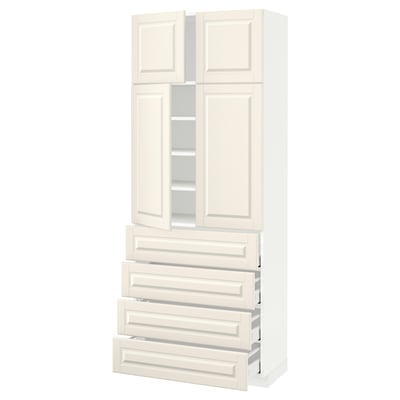 METOD メトード / MAXIMERA マキシメーラ ハイキャビネット 棚板/引き出し4個/扉4枚付き, ホワイト/ボードビーン オフホワイト, 80x41x200 cm