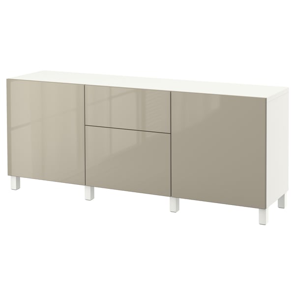 White BESTÅ sideboard with three beige doors and adjustable legs.