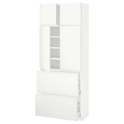 METOD メトード / MAXIMERA マキシメーラ ハイキャビネット 棚板/引き出し2個/扉4枚付き, ホワイト/ヴォックストルプ マットホワイト, 80x41x200 cm