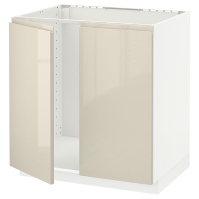 METOD メトード ベースキャビネット シンク用+扉2枚, ホワイト/ヴォックストルプ ハイグロスライトベージュ, 80x60x80 cm