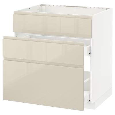METOD / MAXIMERA خزانة قاعدة لحوض+3 واجهات/2أدراج, أبيض/Voxtorp بيج فاتح لامع, ‎80x60 سم‏