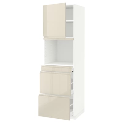 METOD / MAXIMERA خزانة عالية لميكروويف وباب/3 أدرا, أبيض/Voxtorp بيج فاتح لامع, ‎60x60x200 سم‏