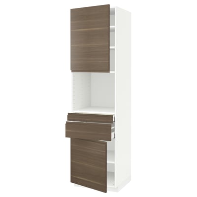 METOD メトード / MAXIMERA マキシメーラ ハイキャビネット 電子レンジ用 引き出し2個/扉2枚付き, ホワイト/ヴォックストルプ ウォールナット調, 60x60x220 cm