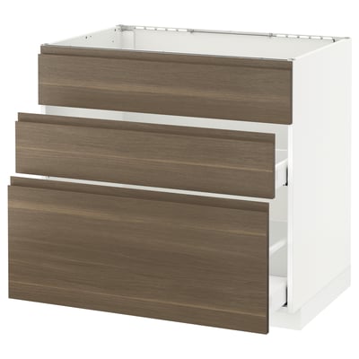 METOD メトード ベースキャビネット シンク用+引き出し前部3/引き出し2, ホワイト マキシメーラ/ヴォックストルプ ウォールナット, 90x60x80 cm