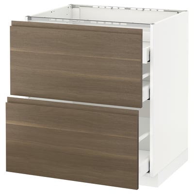 METOD メトード ベースキャビネット コンロ用/引き出し前部2/引き出し3, ホワイト マキシメーラ/ヴォックストルプ ウォールナット, 75x60x80 cm