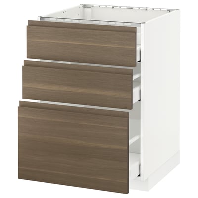 METOD メトード ベースキャビネット コンロ用/引き出し前部3/引き出し3, ホワイト マキシメーラ/ヴォックストルプ ウォールナット, 60x60x80 cm