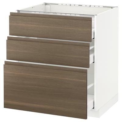 METOD メトード ベースキャビネット コンロ用/引き出し前部3/引き出し3, ホワイト マキシメーラ/ヴォックストルプ ウォールナット, 75x60x80 cm