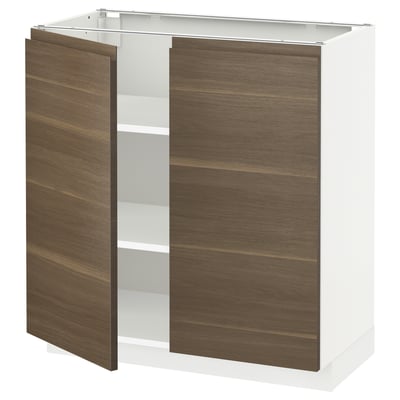 METOD メトード ベースキャビネット 棚板/扉2枚付き, ホワイト/ヴォックストルプ ウォールナット調, 80x41x80 cm