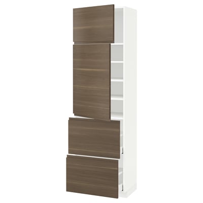 METOD メトード / MAXIMERA マキシメーラ ハイキャビネット 扉2枚+引き出し2段付き, ホワイト/ヴォックストルプ ウォールナット調, 60x41x200 cm