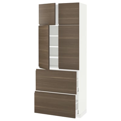 METOD メトード / MAXIMERA マキシメーラ ハイキャビネット 棚板/引き出し2個/扉4枚付き, ホワイト/ヴォックストルプ ウォールナット調, 80x41x200 cm