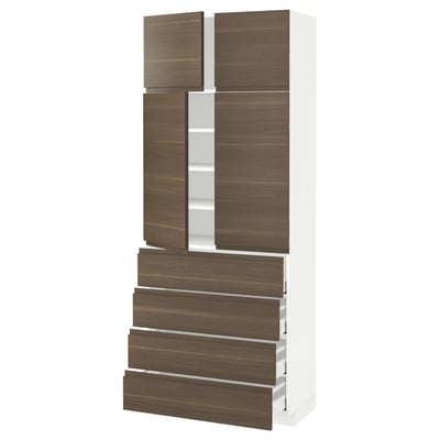 METOD メトード / MAXIMERA マキシメーラ ハイキャビネット 棚板/引き出し4個/扉4枚付き, ホワイト/ヴォックストルプ ウォールナット調, 80x41x200 cm