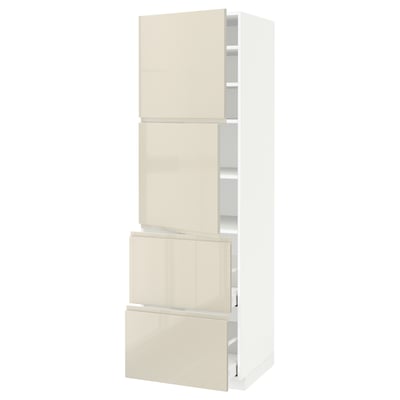 METOD メトード / MAXIMERA マキシメーラ ハイキャビネット 扉2枚+引き出し2段付き, ホワイト/ヴォックストルプ ハイグロスライトベージュ, 60x60x200 cm