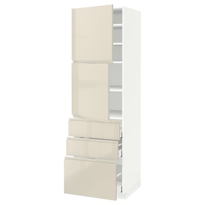 METOD メトード / MAXIMERA マキシメーラ ハイキャビネット 扉2枚＋引き出し3個付き, ホワイト/ヴォックストルプ ハイグロスライトベージュ, 60x60x200 cm