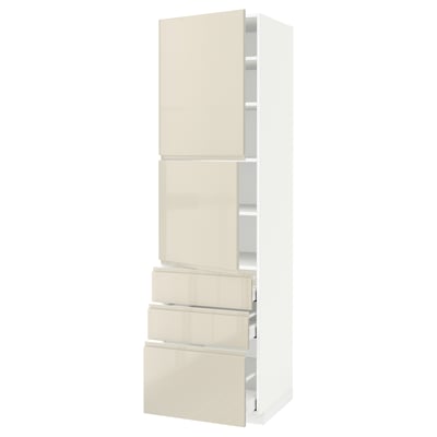 METOD メトード / MAXIMERA マキシメーラ ハイキャビネット 扉2枚＋引き出し3個付き, ホワイト/ヴォックストルプ ハイグロスライトベージュ, 60x60x220 cm