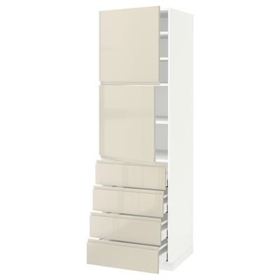 METOD メトード / MAXIMERA マキシメーラ ハイキャビネット 棚板/引き出し4個/扉2枚付き, ホワイト/ヴォックストルプ ハイグロスライトベージュ, 60x60x200 cm