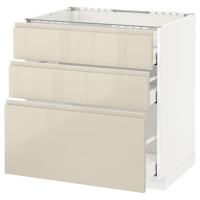 METOD メトード ベースキャビネット コンロ用/引き出し前部3/引き出し3, ホワイト マキシメーラ/ヴォックストルプ ハイグロスライトベージュ, 80x60x80 cm