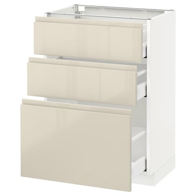 METOD メトード ベースキャビネット 引き出し3段付, ホワイト マキシメーラ/ヴォックストルプ ハイグロスライトベージュ, 60x41x80 cm