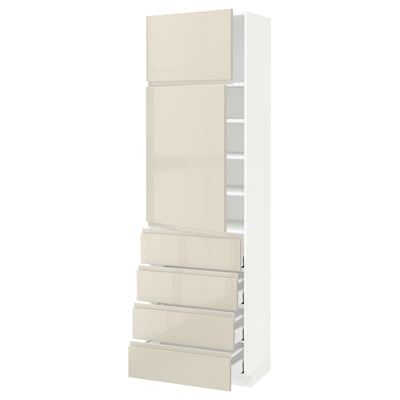 METOD メトード / MAXIMERA マキシメーラ ハイキャビネット 扉2枚/棚板/引き出し4個付き, ホワイト/ヴォックストルプ ハイグロスライトベージュ, 60x41x200 cm