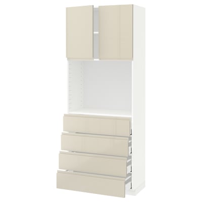 METOD メトード / MAXIMERA マキシメーラ ハイキャビネット 棚板/引き出し4個付き, ホワイト/ヴォックストルプ ハイグロスライトベージュ, 80x41x200 cm