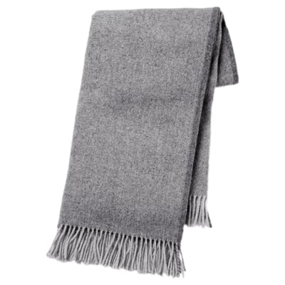 MOALIE gray wool throw blanket, soft textured fringe, rectangular shape.