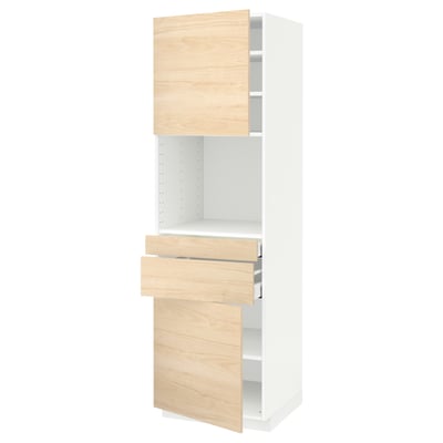 METOD メトード / MAXIMERA マキシメーラ ハイキャビネット 電子レンジ用 引き出し2個/扉2枚付き, ホワイト/アスケルスンド ライトアッシュ調, 60x60x200 cm