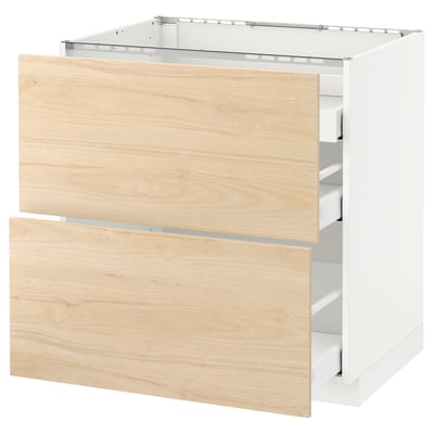 METOD メトード ベースキャビネット コンロ用/引き出し前部2/引き出し3, ホワイト マキシメーラ/アスケルスンド ライトアッシュ調, 80x60x80 cm