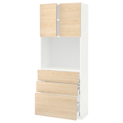 METOD メトード / MAXIMERA マキシメーラ ハイキャビネット 棚板/引き出し3個付き, ホワイト/アスケルスンド ライトアッシュ調, 80x41x200 cm