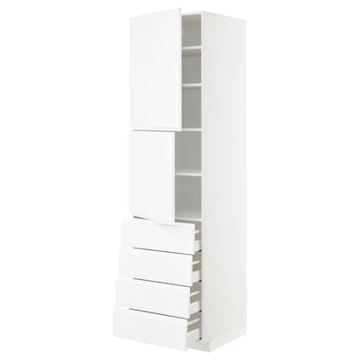 METOD メトード / MAXIMERA マキシメーラ ハイキャビネット 棚板/引き出し4個/扉2枚付き, ホワイト/ヴォックストルプ ハイグロス/ホワイト, 60x60x220 cm