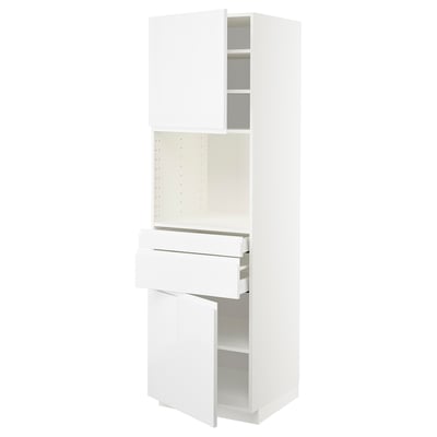 METOD メトード / MAXIMERA マキシメーラ ハイキャビネット 電子レンジ用 引き出し2個/扉2枚付き, ホワイト/ヴォックストルプ ハイグロス/ホワイト, 60x60x200 cm