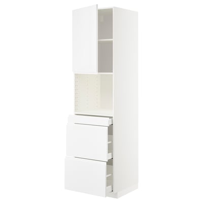 METOD メトード / MAXIMERA マキシメーラ ハイキャビネット 電子レンジ用 扉/引き出し3個付き, ホワイト/ヴォックストルプ ハイグロス/ホワイト, 60x60x220 cm
