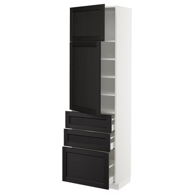 METOD メトード / MAXIMERA マキシメーラ ハイキャビネット 棚板/引き出し3個/扉2枚付き, ホワイト/レルヒッタン ブラックステイン, 60x41x200 cm