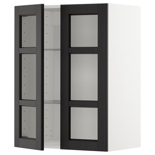 METOD เมท็อด ตู้แขวน2บานกระจก/ชั้นวางของ, ขาว/เลียร์ฮึตตัน ย้อมสีดำ, 60x37x80 ซม.
