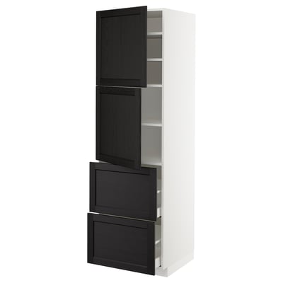 METOD メトード / MAXIMERA マキシメーラ ハイキャビネット 扉2枚+引き出し2段付き, ホワイト/レルヒッタン ブラックステイン, 60x60x200 cm