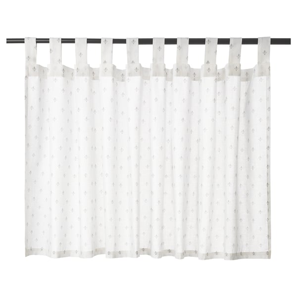 White curtains with sheer fabric, gray fleur-de-lis, 100% cotton, machine-washable, easy install, privacy with daylight.