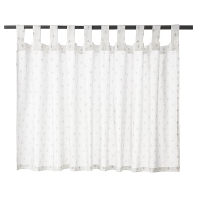 White curtains with sheer fabric, gray fleur-de-lis, 100% cotton, machine-washable, easy install, privacy with daylight.