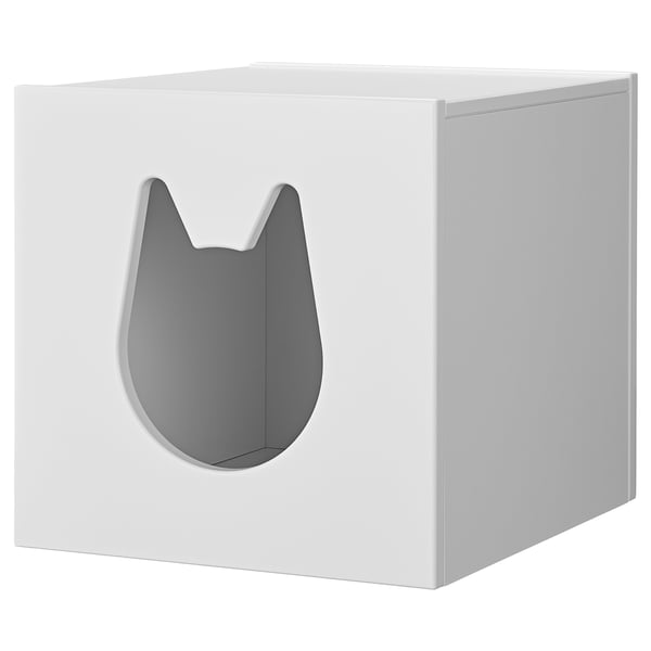 The KALLAX gray cat bed in white. It is a square, modern design with a cut-out entrance for pets.