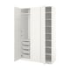 White PAX wardrobe with open doors showing storage racks and baskets.