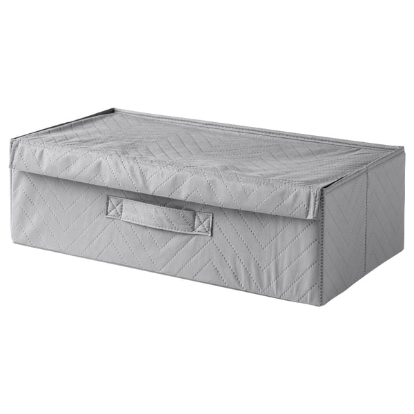 A FULLSMOCKAD storage box in gray. Made of polypropylene fabric, it is rectangular with a quilted pattern, and a handle on the side for easy carrying.