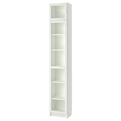 White BILLY bookcase; tall, rectangular, 5-shelf, glass doors, modern, minimalist design.
