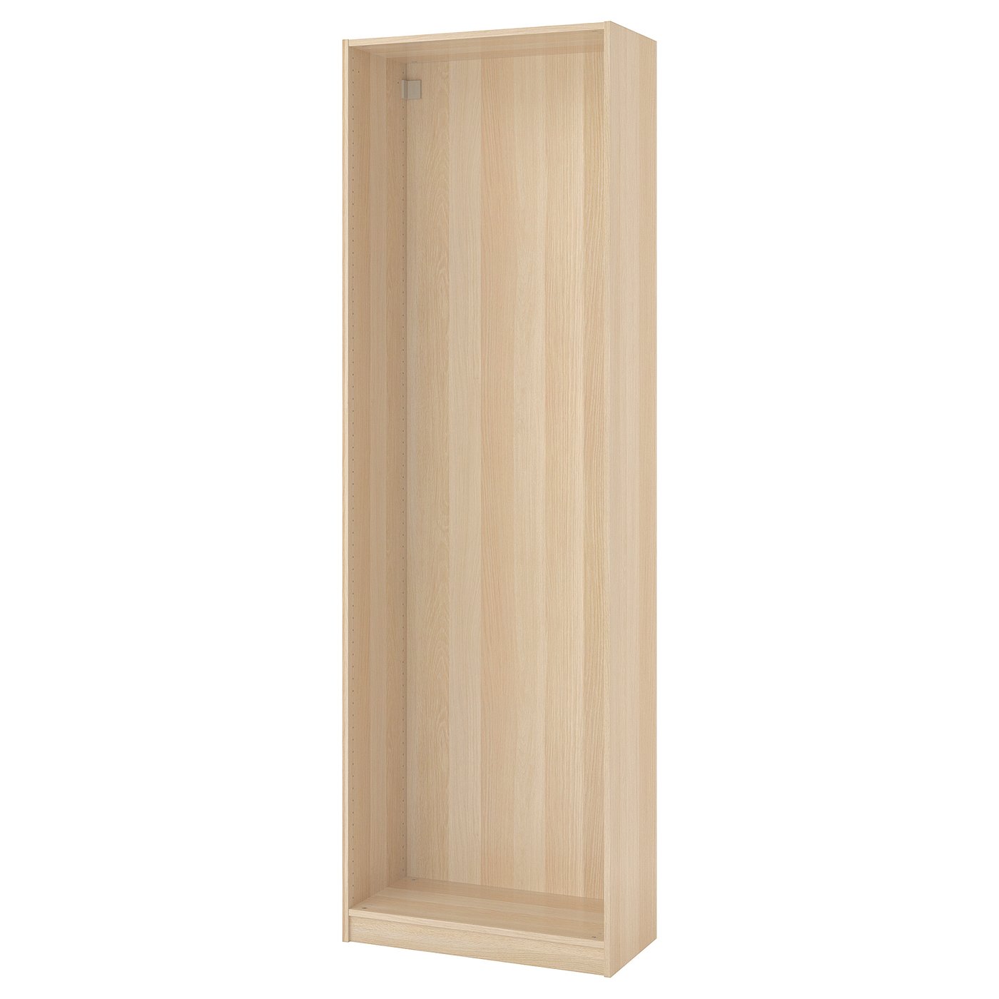 A light wood-colored PAX wardrobe frame, made of particleboard and paper foil, rectangular in shape, standing upright.