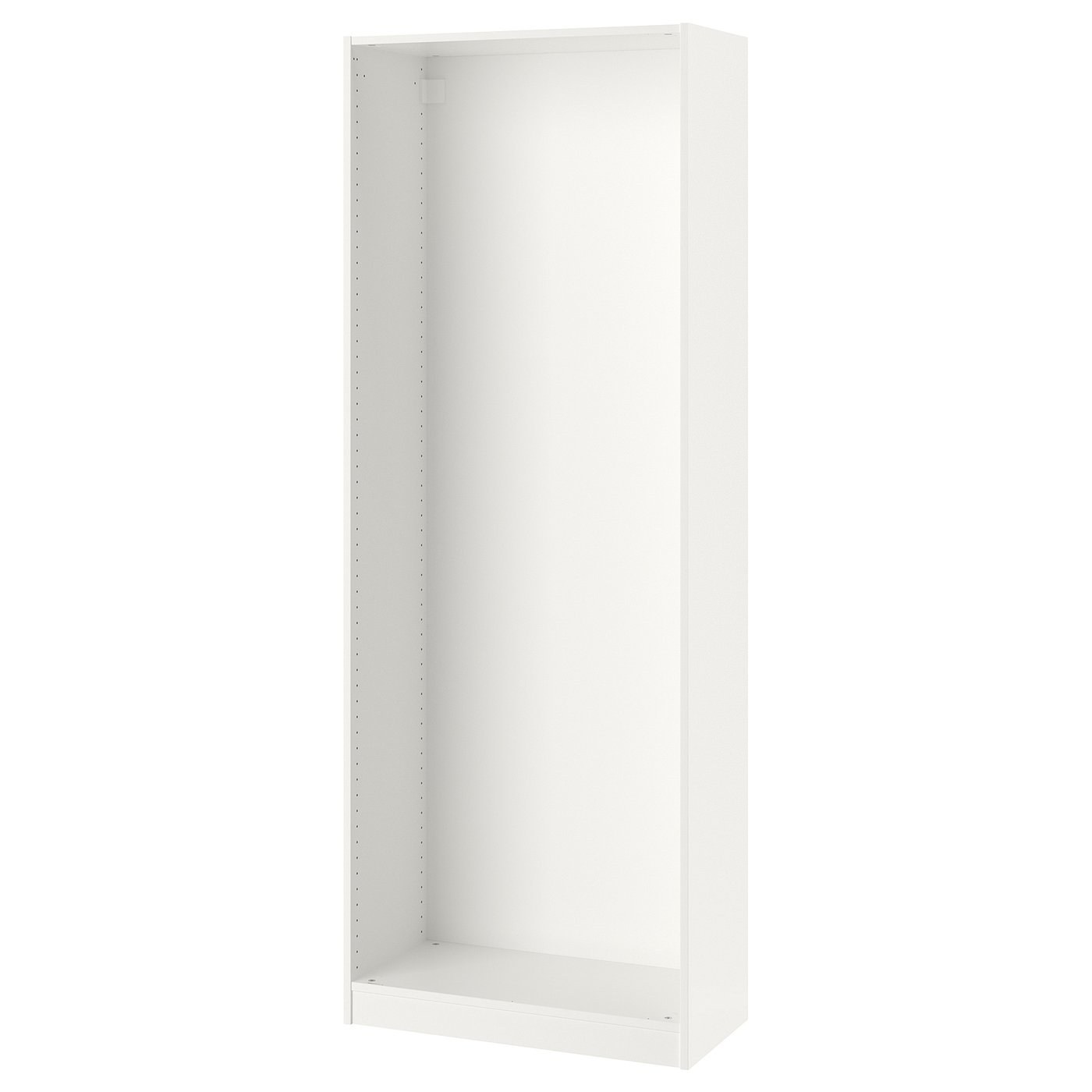 A white PAX wardrobe frame. It is tall and rectangular with a minimalist design and adjustable feet for stability on uneven floors.