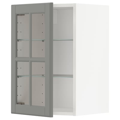 METOD メトード ウォールキャビネット 棚板/ガラス扉付き, ホワイト/ボードビーン グレー, 40x37x60 cm